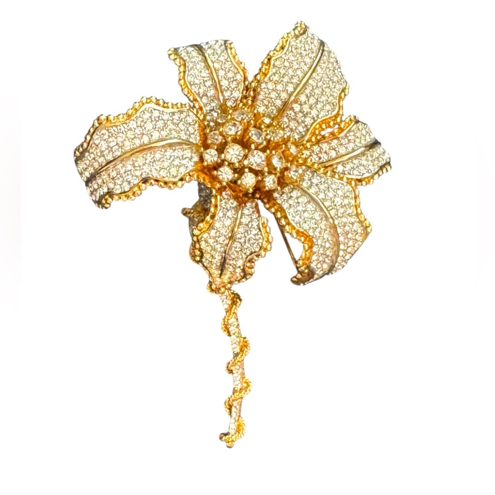 Elegant RARE Runway Large Gold Plated Statement Rhinestone Floral Flower Brooch